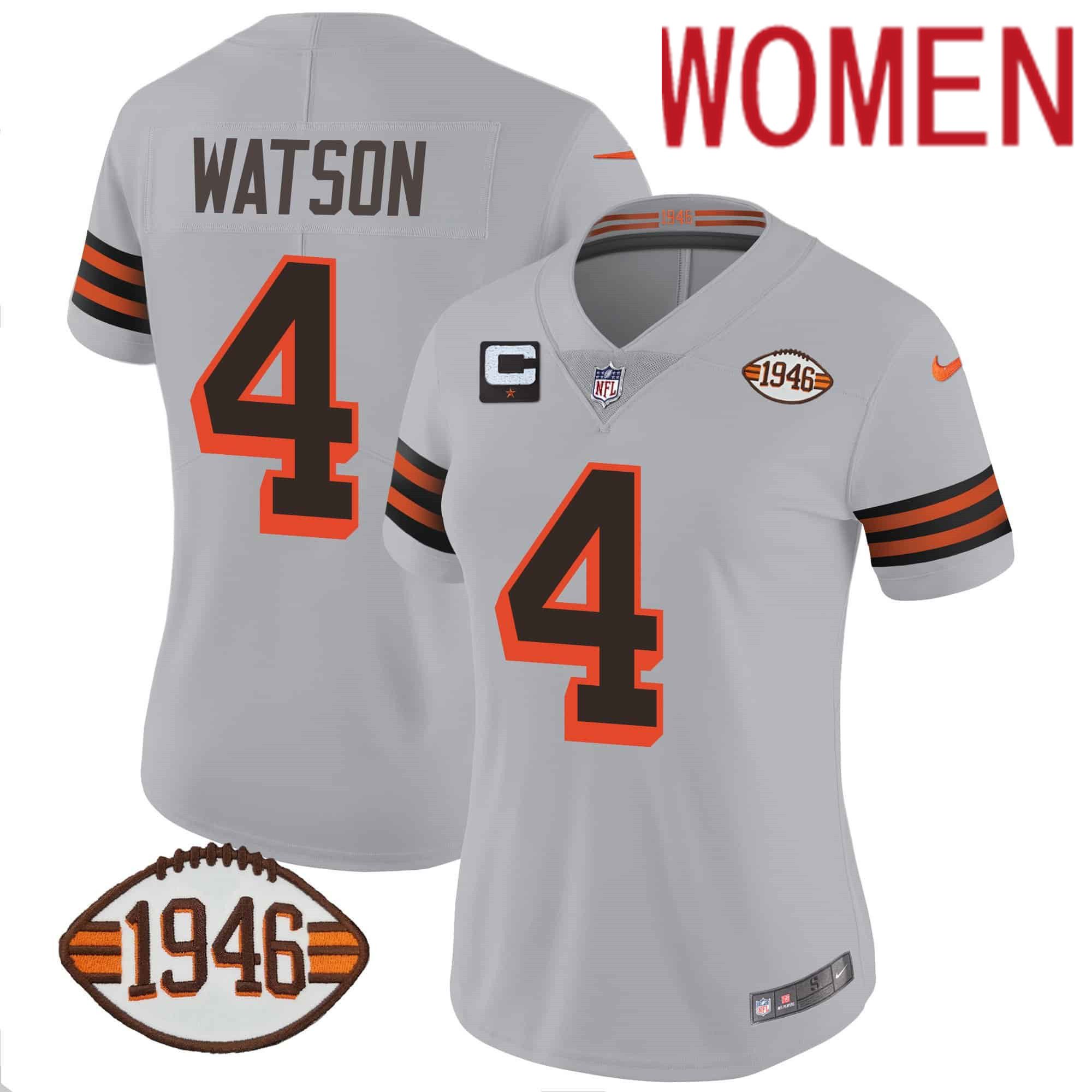 Women Cleveland Browns 4 Watson Grey 1946 75th Anniversary Patch 2024 Nike NFL Jersey
